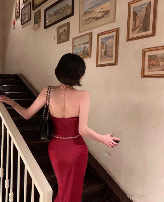 Elegant Sheath Straps Red Prom Dresses Long Formal Dress P1111