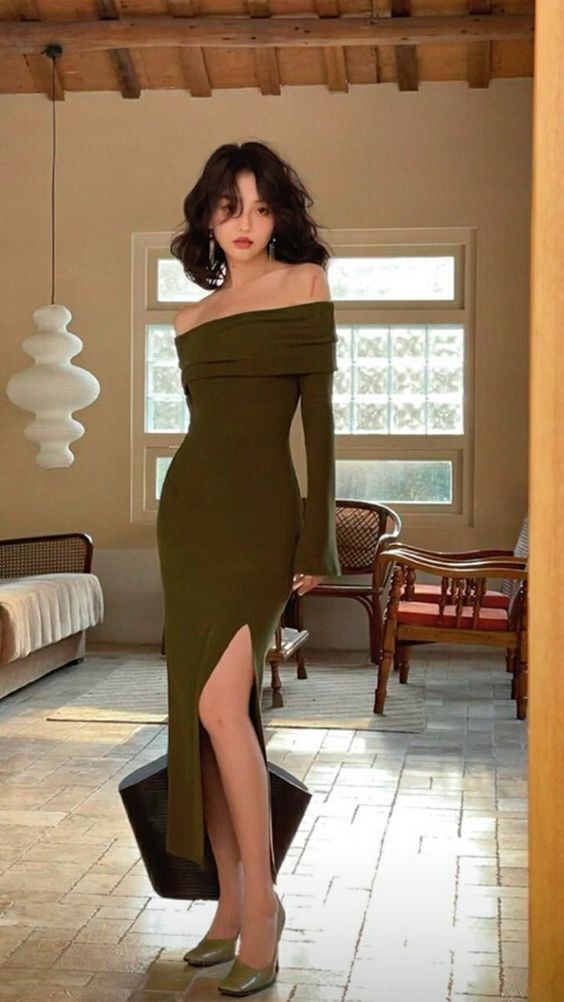 Modest Sheath Off The Shoulder Olive Green Birthday Dresses 21th Birthday Outfit P1119