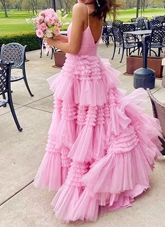 Princess Pink Tiered Layers Tulle Long Prom Dresses P1153