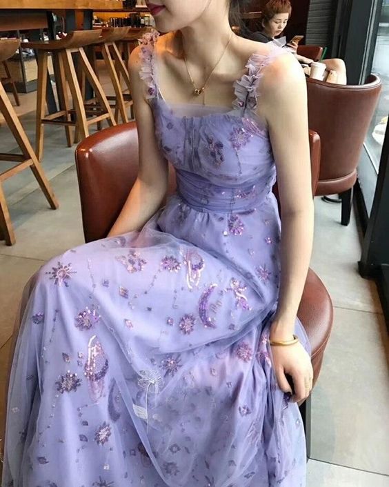 A line Straps Lace Long Prom Dresses Lilac Graduation Dress P1168