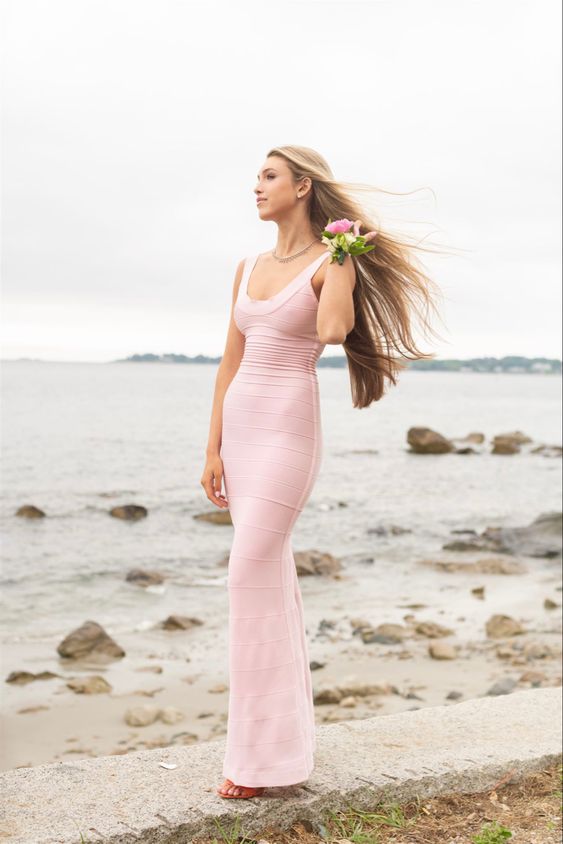 Sheath Straps Light Pink Floor Length Sleeveless Prom Dress P1185