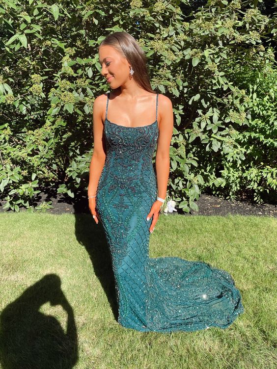 Vintage Mermaid Floor Length Sleeveless Green Beaded Prom Dress P1194