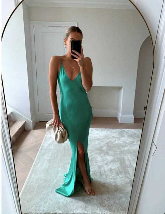 Vintage Mermaid Floor Length Sleeveless Green Slit Prom Dress P1196