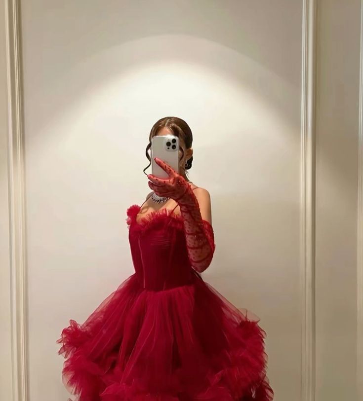 Sexy Ball Gown Long Straps Red Tulle Prom Dresses P1208