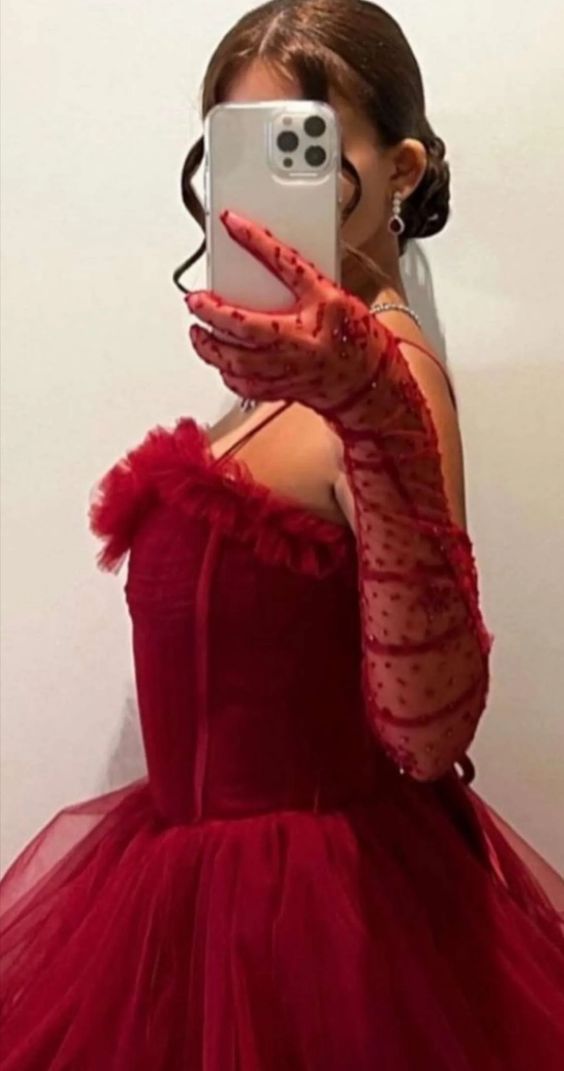 Sexy Ball Gown Long Straps Red Tulle Prom Dresses P1208