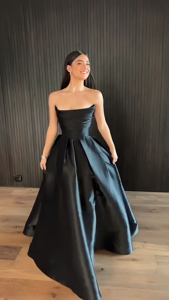 Modest A line Strapless Black Satin Prom Dresses P1228