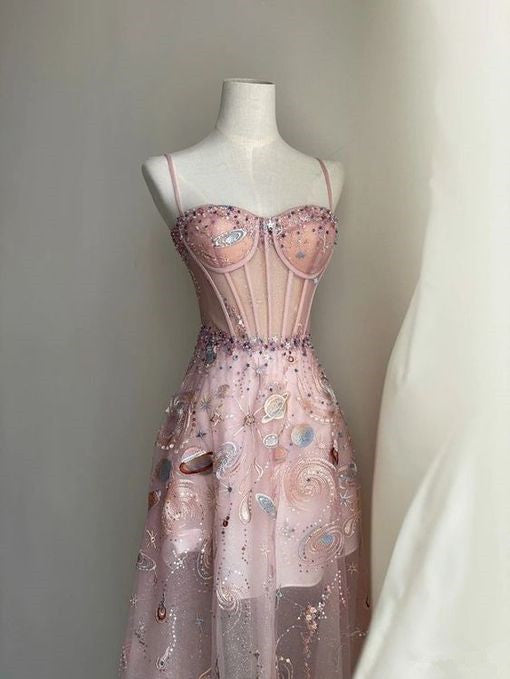 Fairy A line Straps Long Pink Lace Prom Dresses P1260