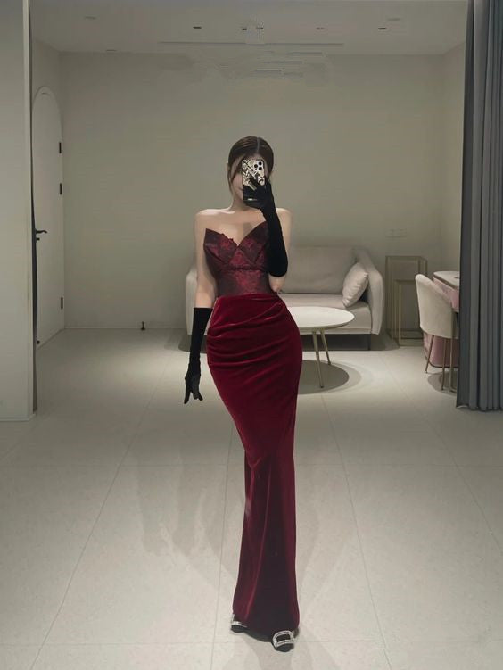 Mermaid Strapless Burgundy Long Lace Prom Dress P1270