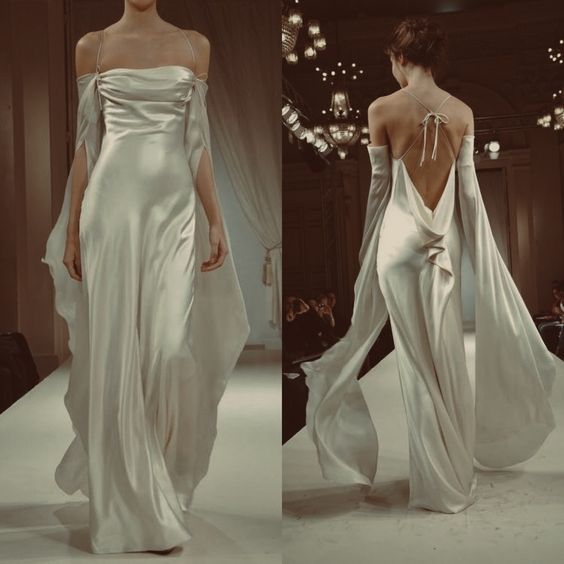 Vintage A line Strapless Long Sleeves White Silk Satin Backless Wedding Dresses P1278