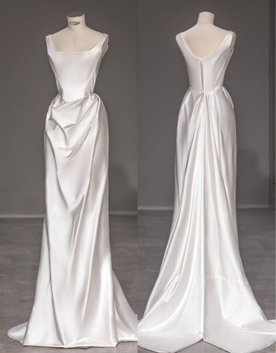 Vintage Mermaid Straps Long White Satin Backless Wedding Dresses P1279