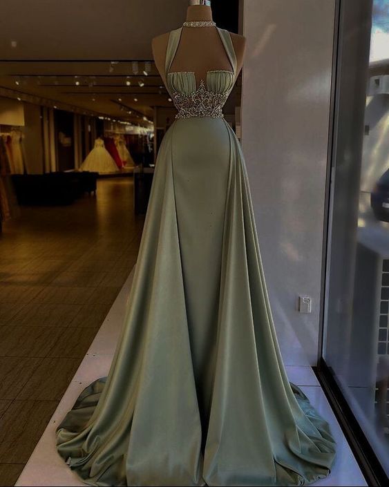 Beautiful Mermaid Sage Green Long Satin Prom Dress P1286