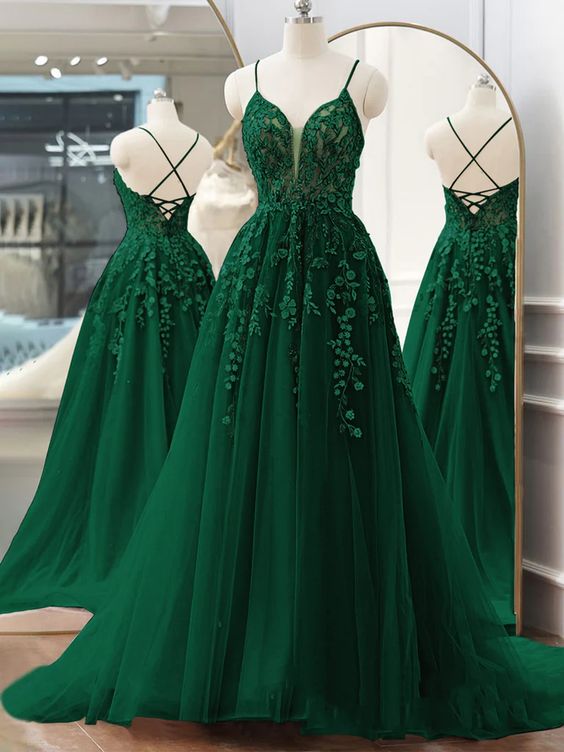 Elegant A line Green Tulle Spaghetti Straps Appliques Backless Prom Dress P1295
