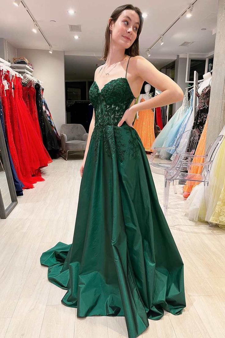 Elegant A line Floral Appliques Lace-Up A-Line Dark Green Prom Dresses P1296