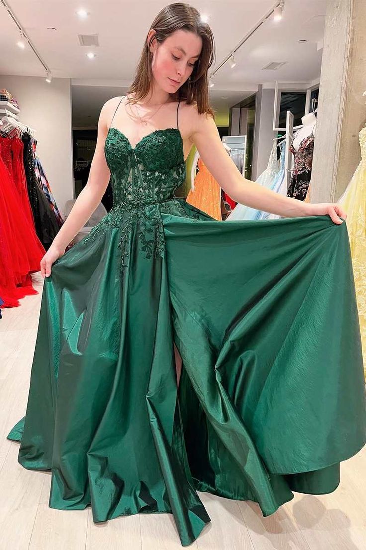 Elegant A line Floral Appliques Lace-Up A-Line Dark Green Prom Dresses P1296