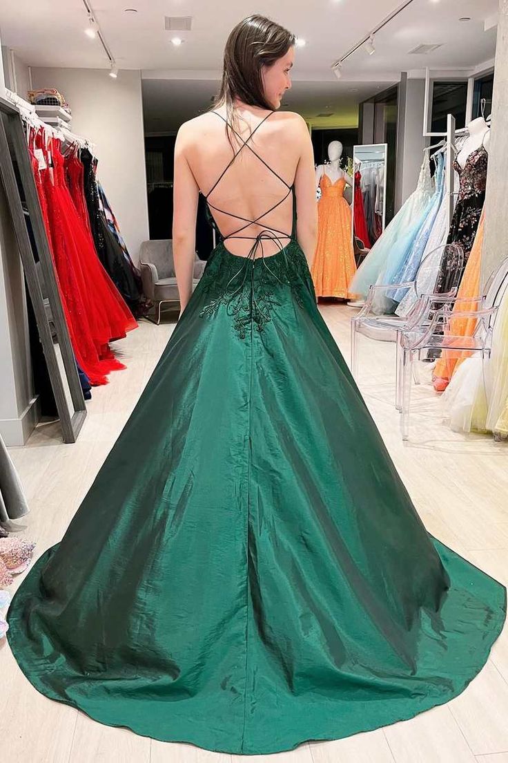 Elegant A line Floral Appliques Lace-Up A-Line Dark Green Prom Dresses P1296