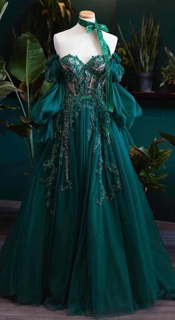 Vintage A line Appliques Lace-Up A-Line Dark Green Tulle Prom Dresses P1297