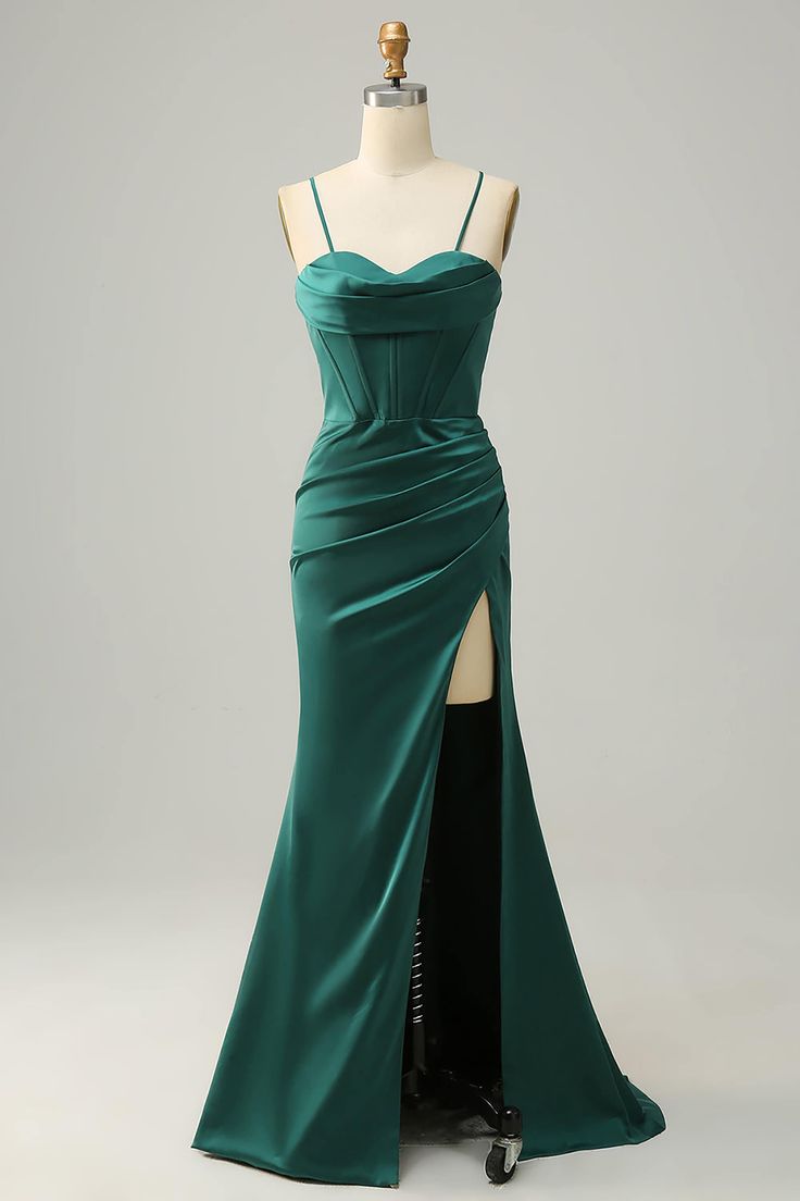 Sexy Mermaid Spaghetti Straps Dark Green High Slit Long Prom Dresses P1346