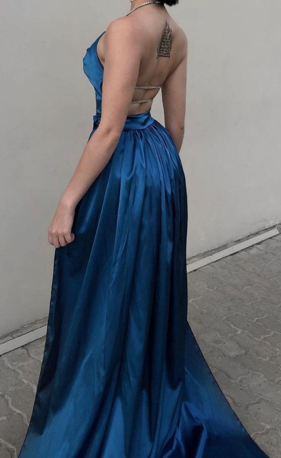 Sexy Sheath Halter Navy Blue Slit Long Prom Dresses P1351