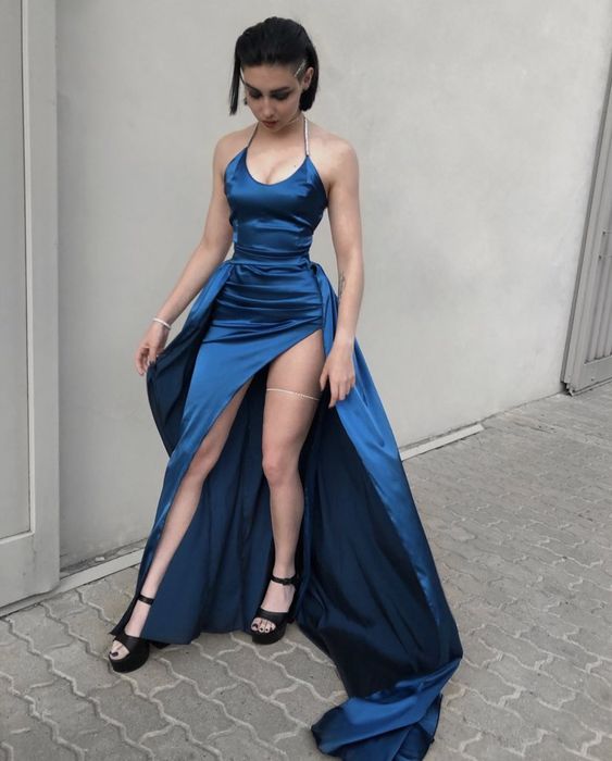 Sexy Sheath Halter Navy Blue Slit Long Prom Dresses P1351