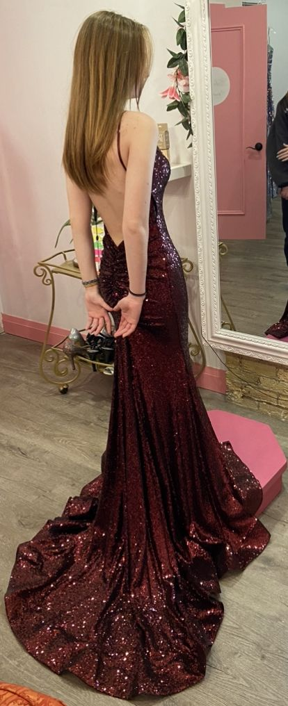 Mermaid Burgundy Sequin Floor Length Prom Dress 22th Birthday Outfit P1374