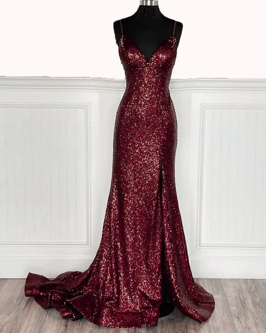 Mermaid Burgundy Sequin Floor Length Prom Dress 22th Birthday Outfit P1374