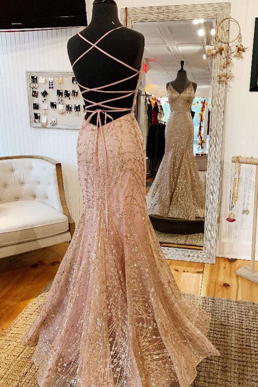 Mermaid V-Neck Long Prom Dress with Criss Cross Back 21st Birthday Outfit P1379