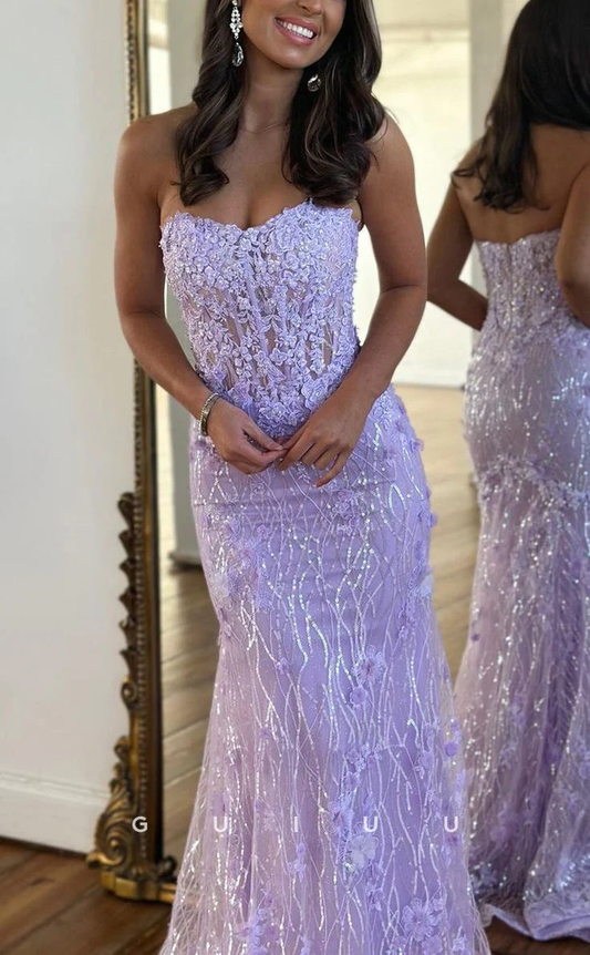 luxurious strapless sheer lace applique long prom dress birthday outfit P1385