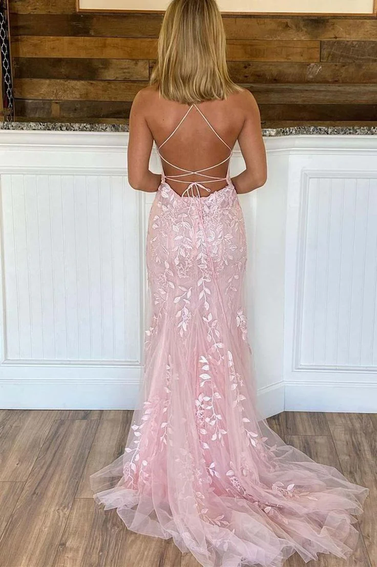 Pink Appliques Mermaid Long Prom Dress 22th Birthday Outfit P1396