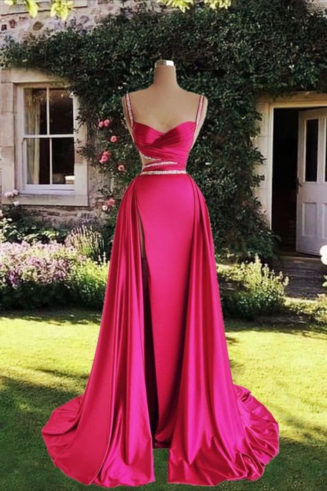 Modest Mermaid Straps Long Hot Pink Slit Satin Prom Dress P1430
