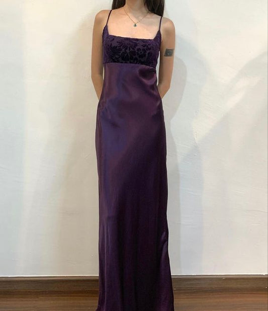 Vintage A line Spaghetti Straps Grape Long Prom Dress P1443