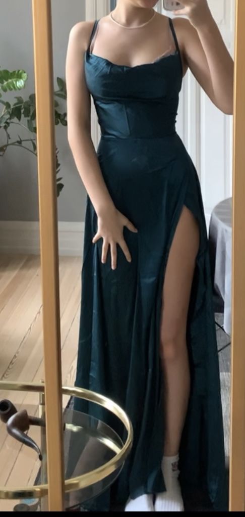 Modest A line Straps Navy Blue Slit Long Prom Dress P1447