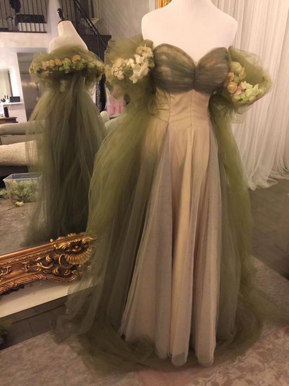 Vintage A Line Off The Shoulder Tulle Sage Green Prom Dress P1460