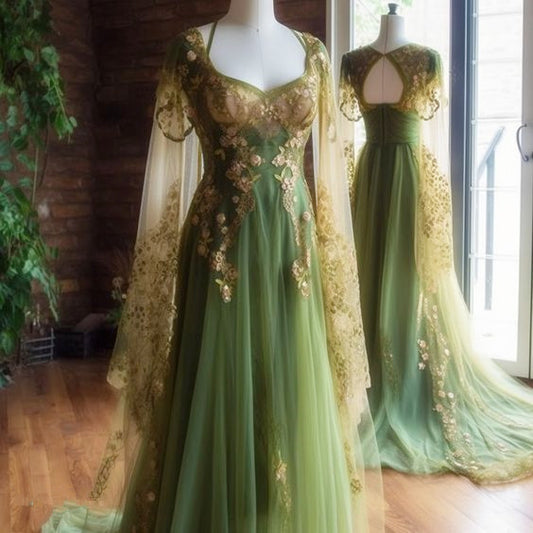 Vintage A Line  Tulle Sage Green Prom Dress P1461