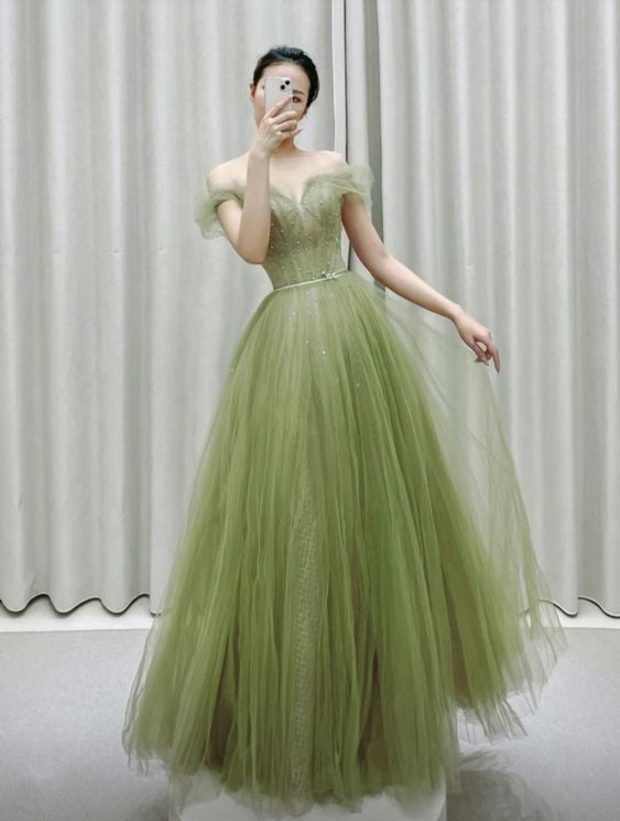 Vintage A Line Off The Shoulder Tulle Sage Green Prom Dress P1466