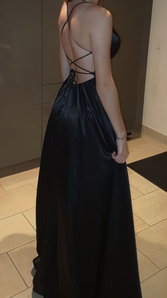 Sexy A Line Straps Floor Length Black Slit Prom Dresses P1480