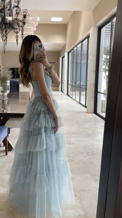 Light Blue Tulle Prom Dresses Ruffles Pleated Baby Blue Evening Gown P1489