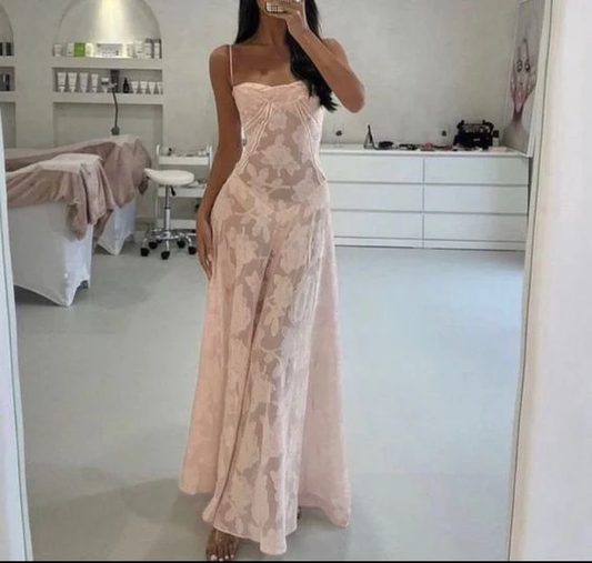 Sexy Mermaid Spaghetti Straps Sleeveless Pink Lace Prom Dress P1491