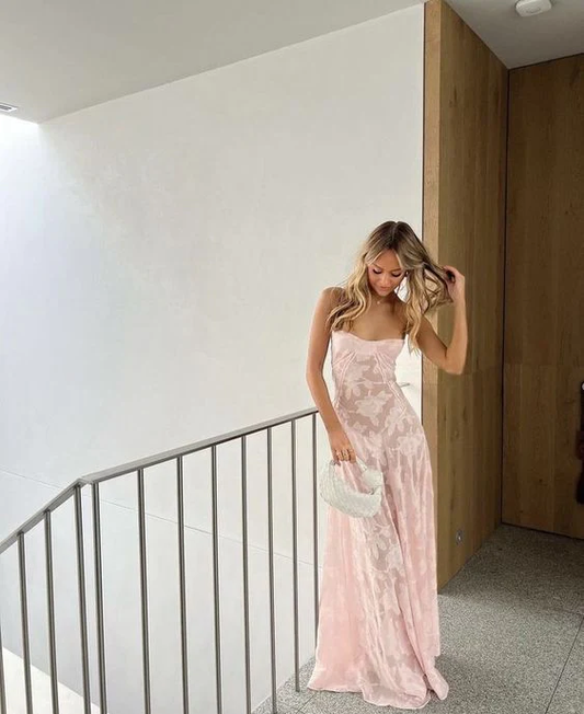 Sexy Mermaid Spaghetti Straps Sleeveless Pink Lace Prom Dress P1491