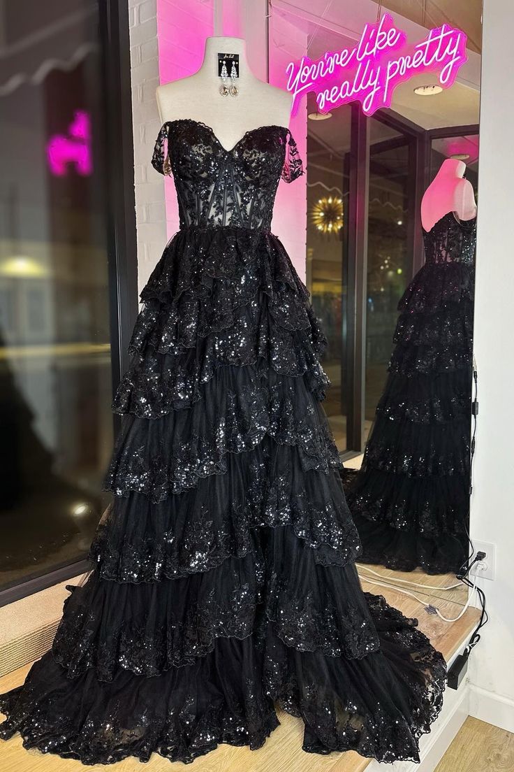 Sparkly Black Off The Shoulder Tiered Prom Dress P1512