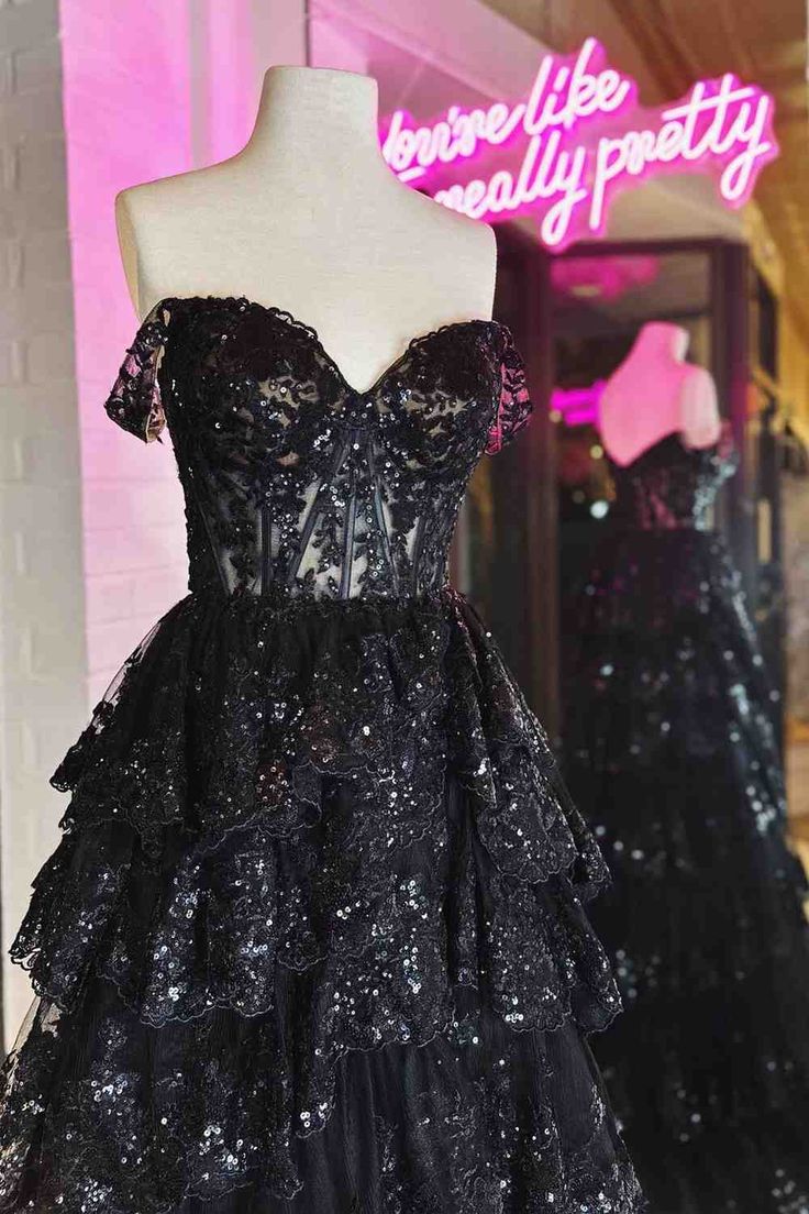 Sparkly Black Off The Shoulder Tiered Prom Dress P1512