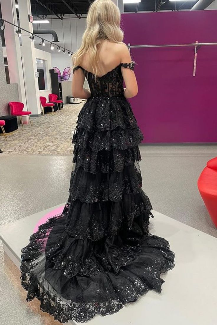 Sparkly Black Off The Shoulder Tiered Prom Dress P1512