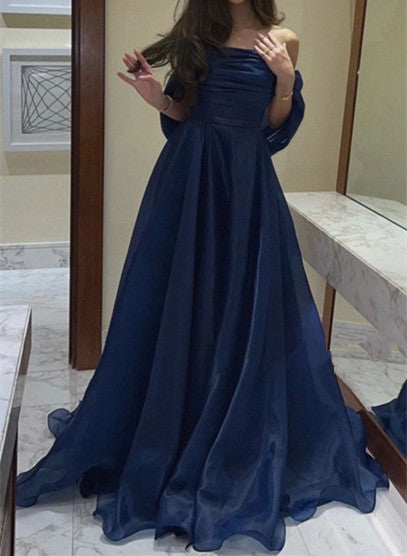 A line Strapless Royal Blue Long Prom Dress With Straps P1516