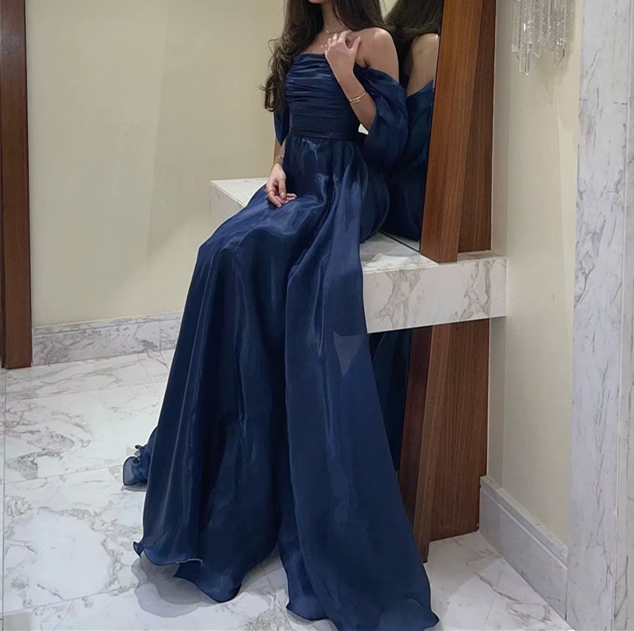 A line Strapless Royal Blue Long Prom Dress With Straps P1516