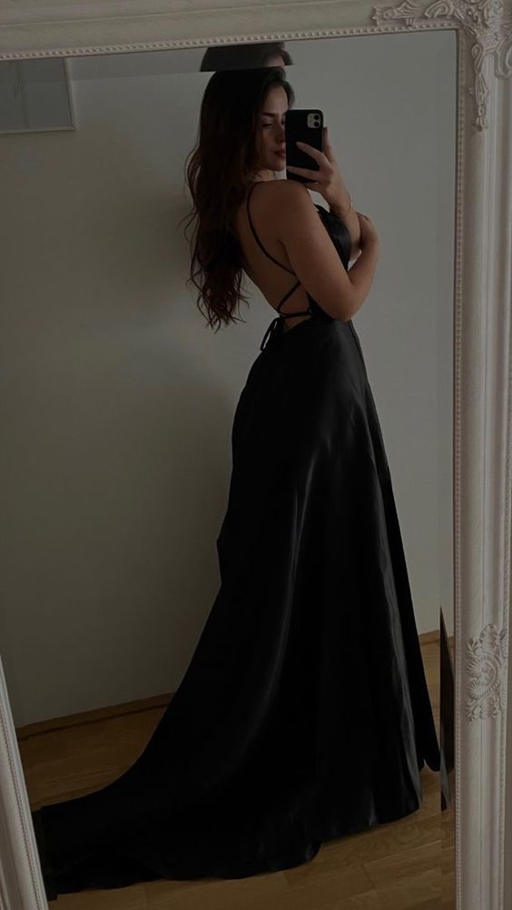 Sexy A line Spaghetti Straps Black Long Prom Dress P1521
