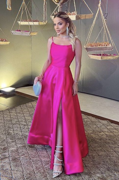Simple A Line Spaghetti Straps Hot Pink Long Prom Dress P1652