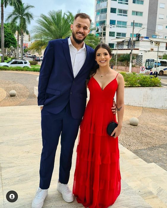 Simple A line Spaghetti Straps Red Tulle Long Prom Dress P1656