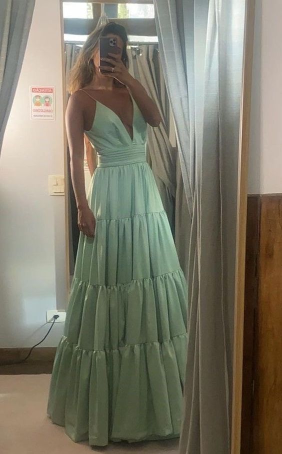 Simple A line Straps Mint Green Long Prom Dress P1660