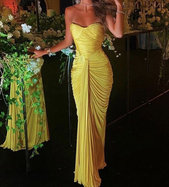 Sexy Mermaid Sweetheart Ruffles Yellow Prom Dress Weddingh Guest Dresses P1679