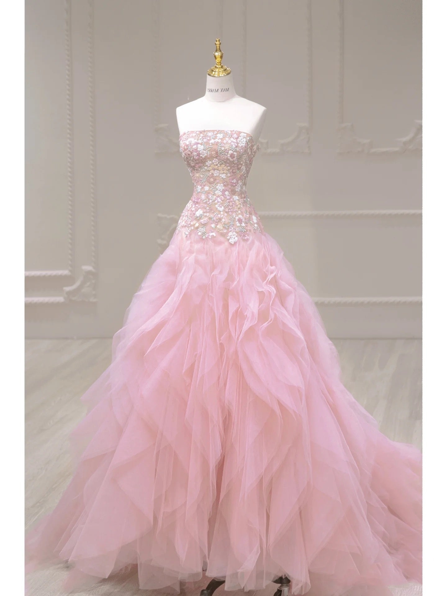 Luxurious Ball Gown Strapless Pink Tulle Long Prom Dress P1720