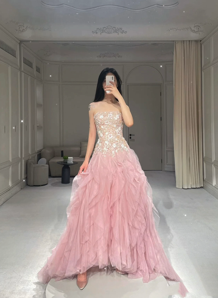 Luxurious Ball Gown Strapless Pink Tulle Long Prom Dress P1720